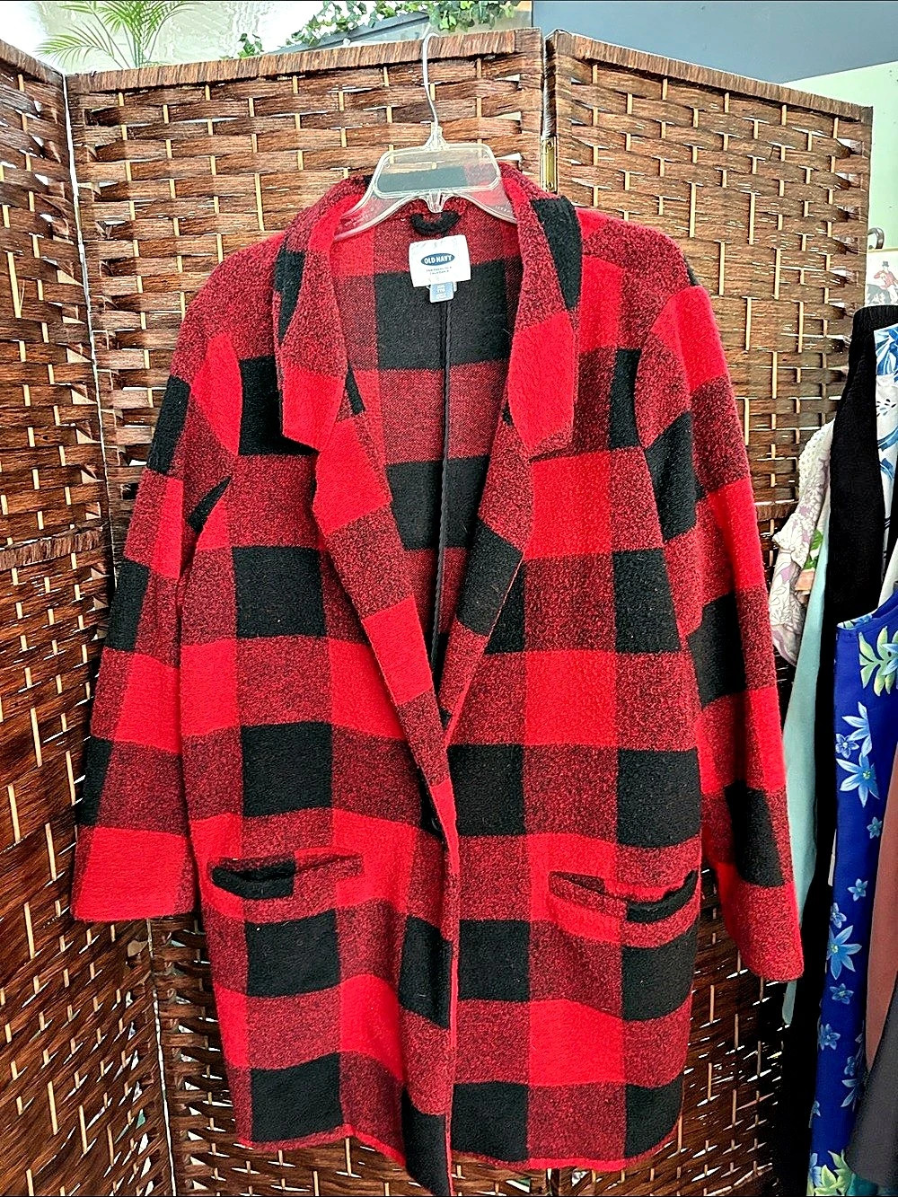 Old Navy Plaid Pea Coat in Red & Black Size XXL Like New
